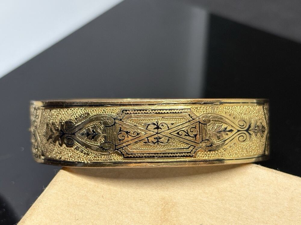 Vtg Victorian Black Enamel Taille D’parage Floral Gold Filled Bangle Bangle